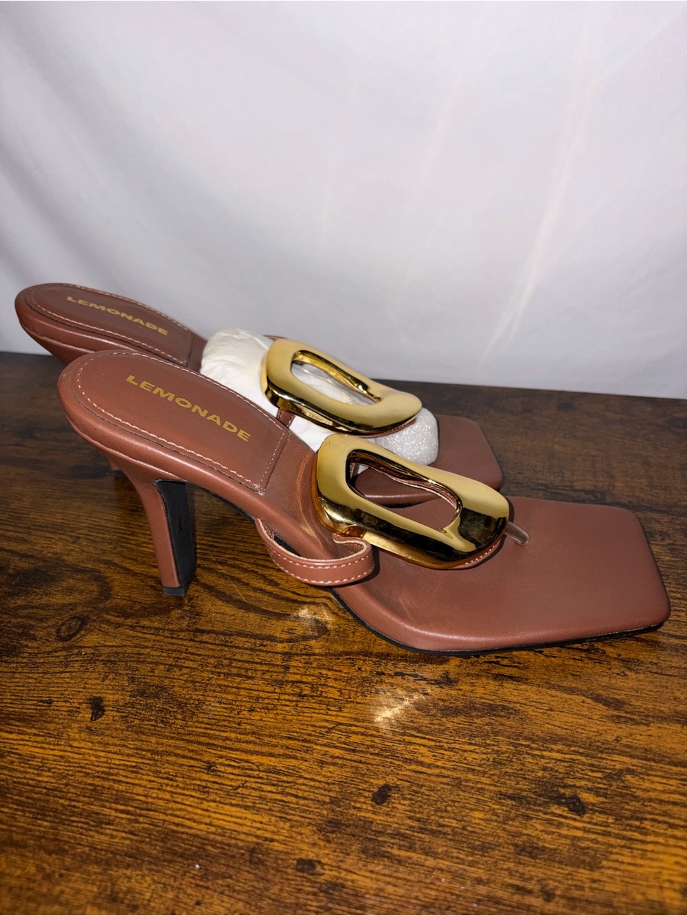 Lemonade Brown Square-Toe Heels with Gold Accent